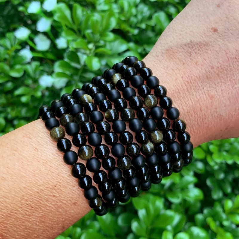 Triple Protection 6mm Black Tourmaline Gold Sheen Obsidian Black Onyx Bracelet gallery
