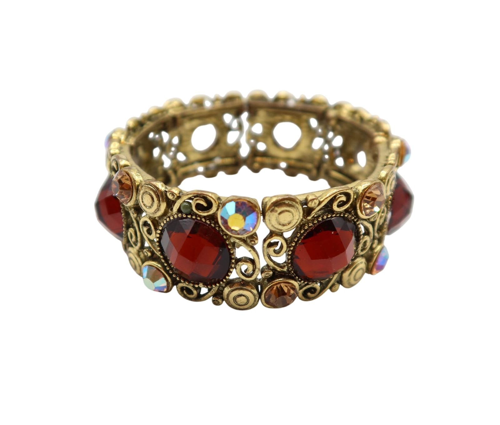 Gold Tone Bracelet With Red Faceted & Aurora Borealis Rhinestones gallery