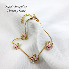 18k Yellow Gold Filled Enamel & Cubic Zirconia PINK LADYBUGS Bracelet 7 – 8 in