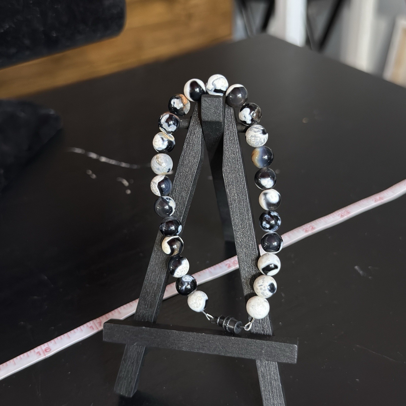 Black Flower Agate Natural Gemstone Bead Bracelet | Smooth Round 8mm gallery