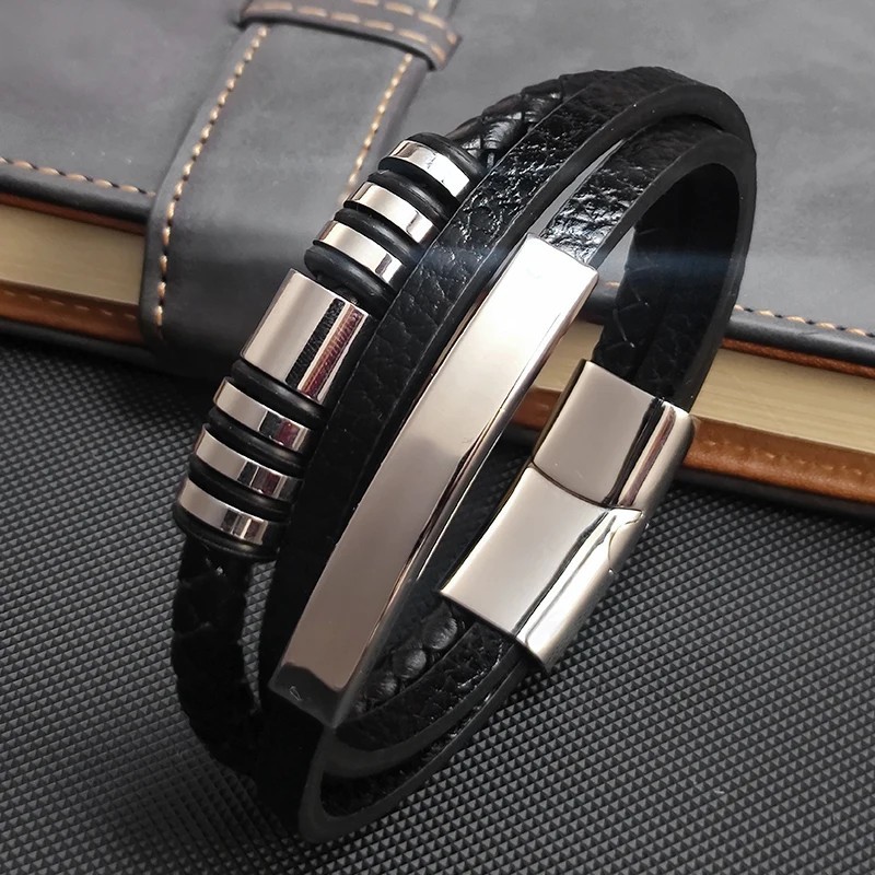 Mens Multilayer Leather Bracelet Stainless Steel Beads Jewelry Gift Band gallery