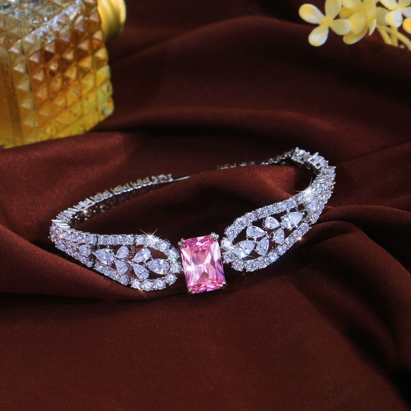 Silver Plated Pink Baguette Cubic Zirconia Wide Bracelet Bangle for Women Bridal gallery