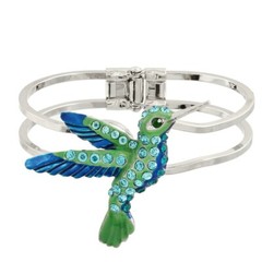 Hummingbird Bracelet Hinge Bangle Pave Rhinestone Blue Green SILVER Jewelry