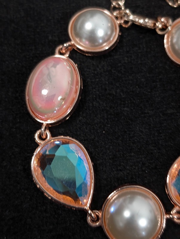 Rose Gold Tone Pink Iridescent AB Crystal Faux Pearl Bezel Tennis Bracelet 9 in gallery