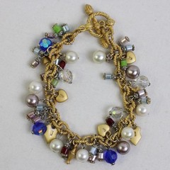 Gold-Tone Padlock Faux Pearl Beaded Charm Bracelet Toggle Clasp 8″