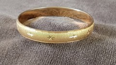 Monet Bangle Bracelet Goldtone Brushed Etched Starburst Signed 3/8″ Wide