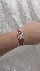 Vintage Alpaca Mexico Abalone Flower Inlay Hinged Bracelet 6.25″ Red Mosaic