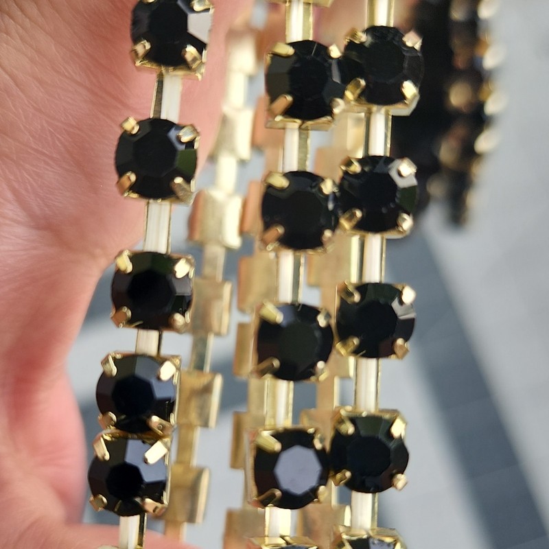 Stackable Gold-Tone Black Round Stone Bangle Bracelets Set, Prong Setting gallery