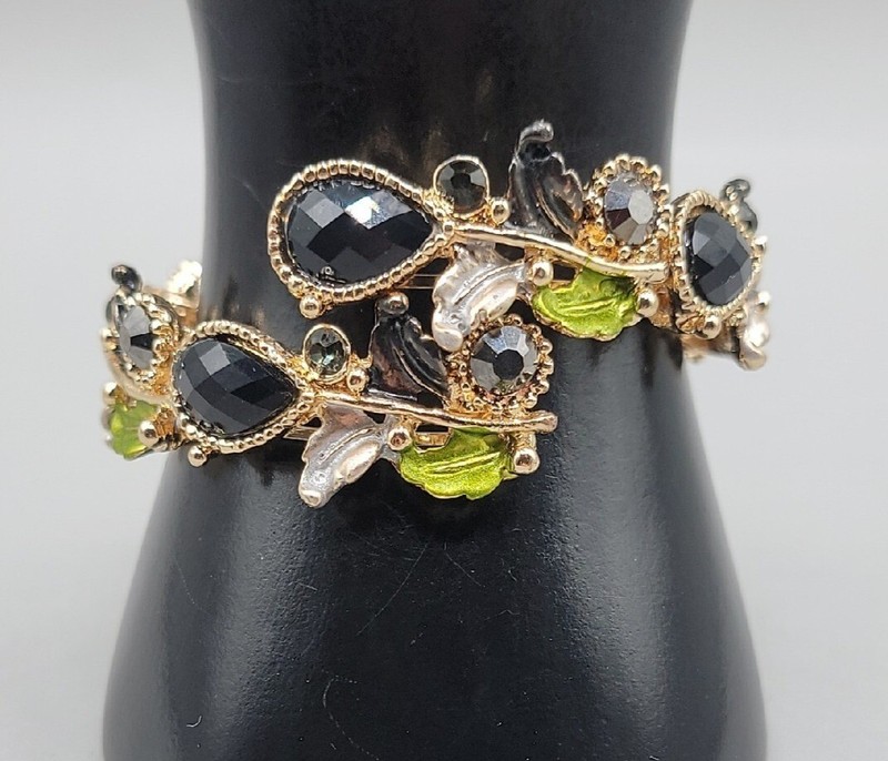 Bypass Wrap Bracelet Black Glass Flowers Aurora Borealis Gold Tone Green White gallery