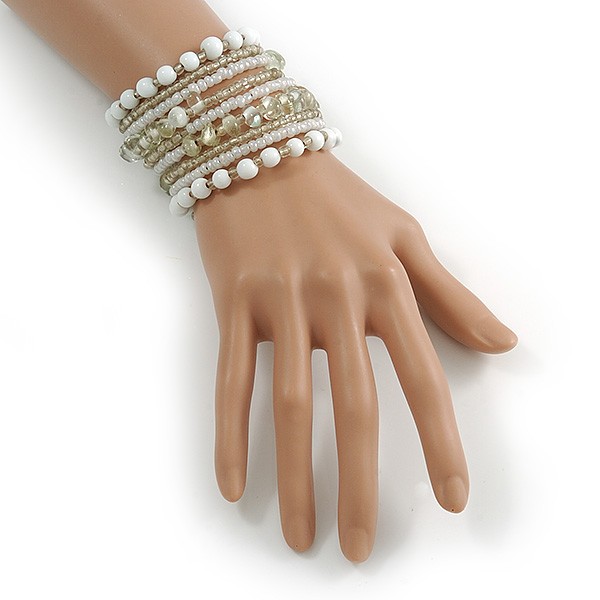 Wide Coiled Ceramic, Glass Bead Bracelet (Snow White, Transparent) - Adjustable gallery