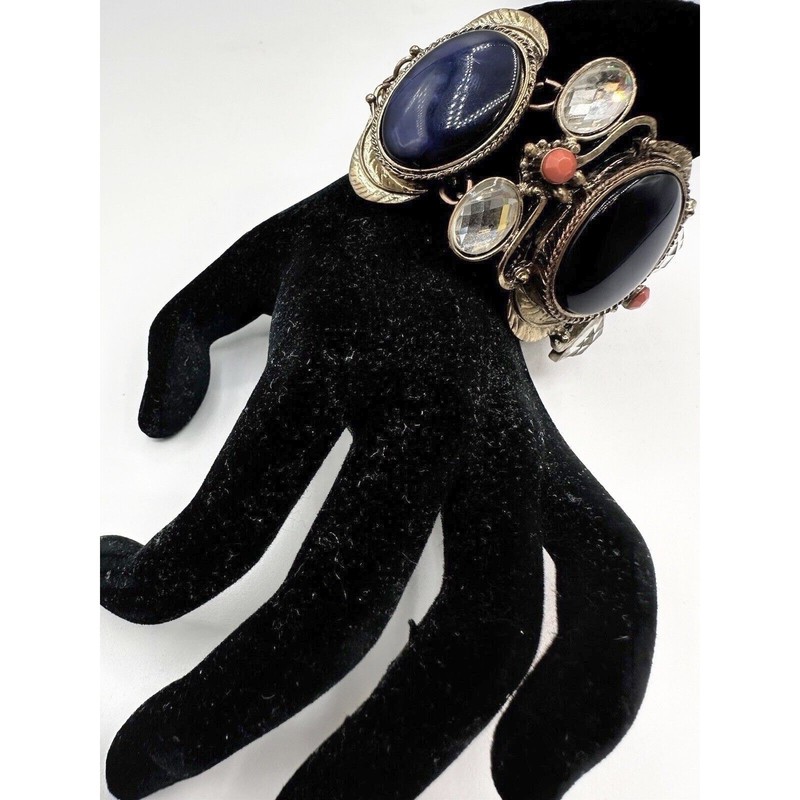 Vintage Eva Mendes Style Navy Blue Cabochon Statement Bracelet Gold Tone J-01 gallery