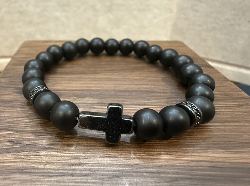 Hematite Cross Black Bead Stretchy Bracelet Unisex One Size Fits Most gallery