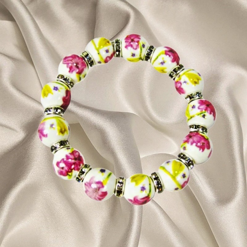 Porcelain Pink and Yellow Flower Bead and Crystal Spacers Stretch Bracelet - NEW gallery