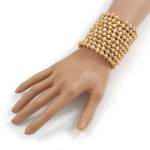 Wide Glass/ Wood Beaded Coiled Flex Bracelet/ Natural gallery