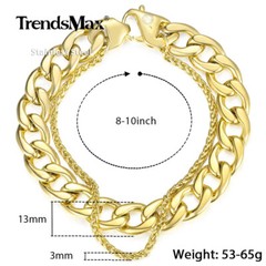 18K Gold Plated Stainless Steel Wheat+ Cuban Link Double Bracelet Chain For Men