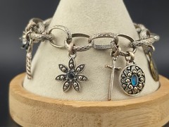 Signed Lucky Brand Flower Peace Charm Toggle 8″ Bracelet Silver Plated