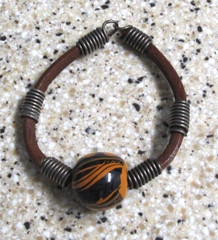 Brown Leather Black Orange Bead Bracelet Silver Tone Hook Closure 70’s