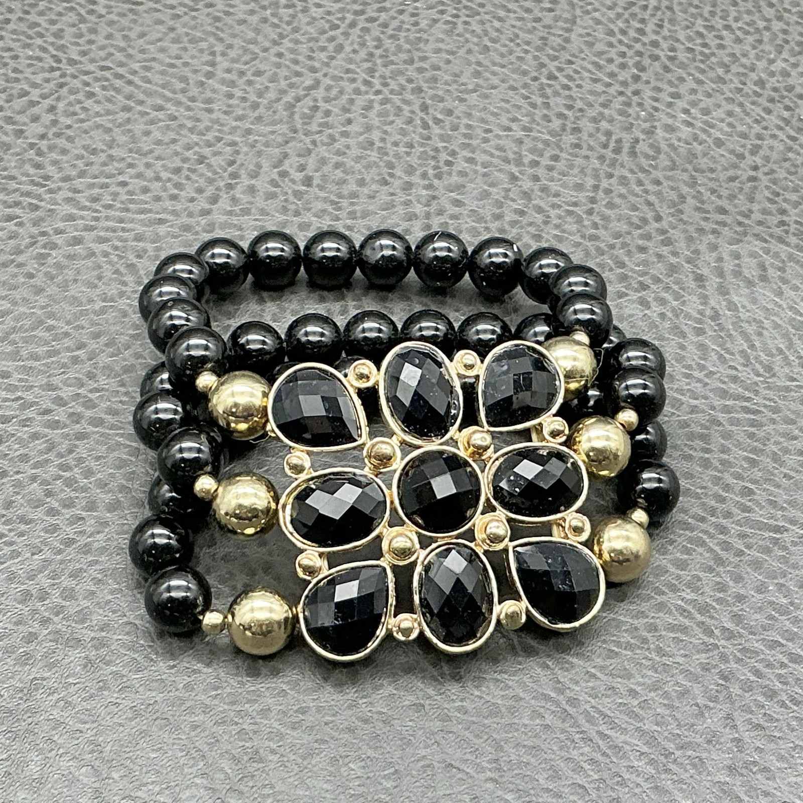 Bracelet Black Beaded Gold Tone Flower Stretch Womens 7 In Fashion Jewelry gallery