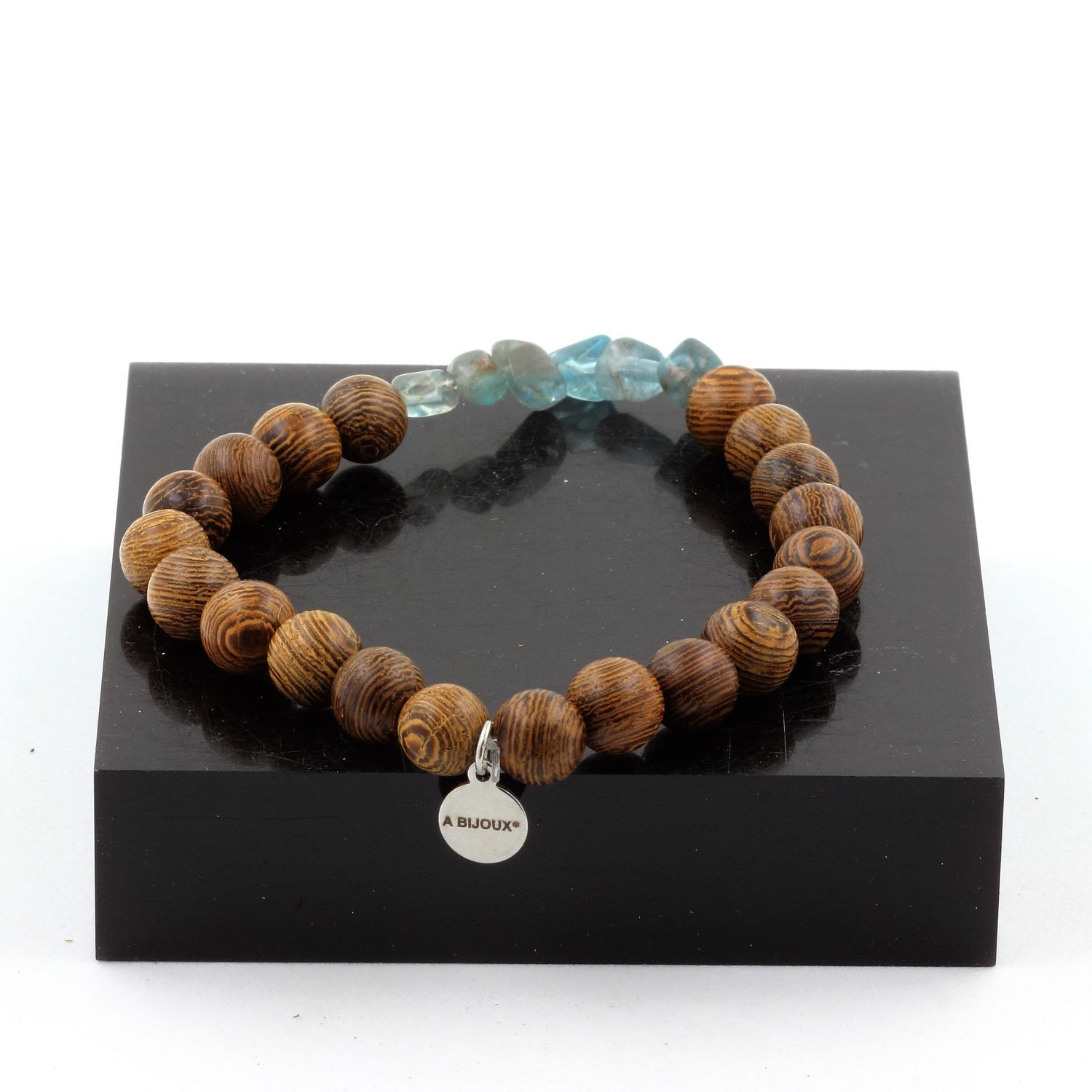Brazilian Apatite Bracelet + 8 Mm Wooden Beads. Made In France. gallery