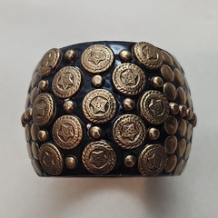 Vintage Wide Wooden Black Cuff Bracelet Brass Studded Medallion Star Design
