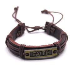 Faith Engraved Gold Silver Leather Brown Black Bracelet Adjustable