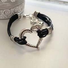 Brighton Heritage Heart Charm Bracelet Black Cotton Cord Silver Plated NWT