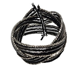 Elegant Silver Black Beaded Coil Cuff Bracelet Multi Layered Boho Chic Jewelry