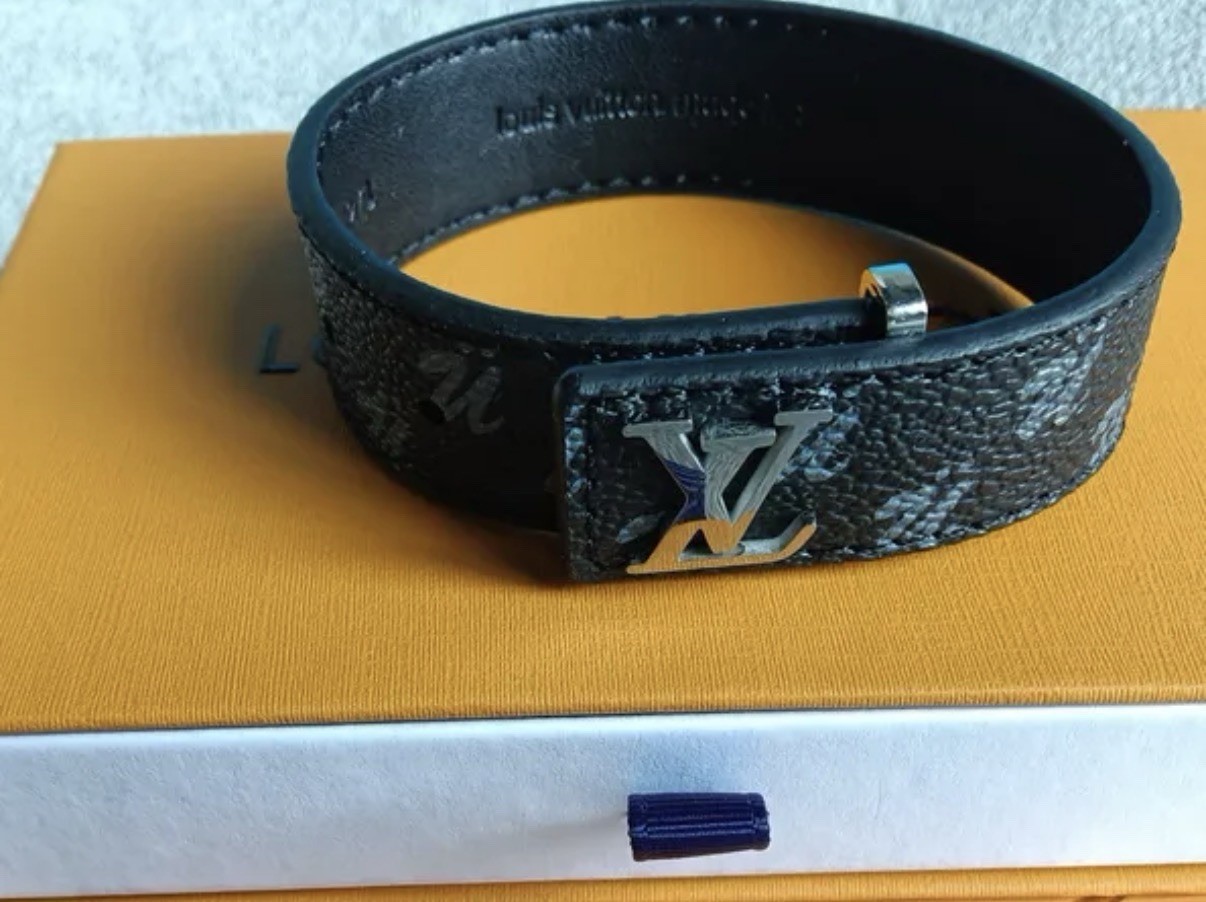 Louis Vuitton Black Leather LV Cuff Bracelet w/ Buckle Closure, Signed gallery