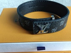 Louis Vuitton Black Leather LV Cuff Bracelet w/ Buckle Closure, Signed