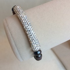 Black Cultured Freshwater Pearl White Crystal Silver Tone Stretch Bracelet 7.5″