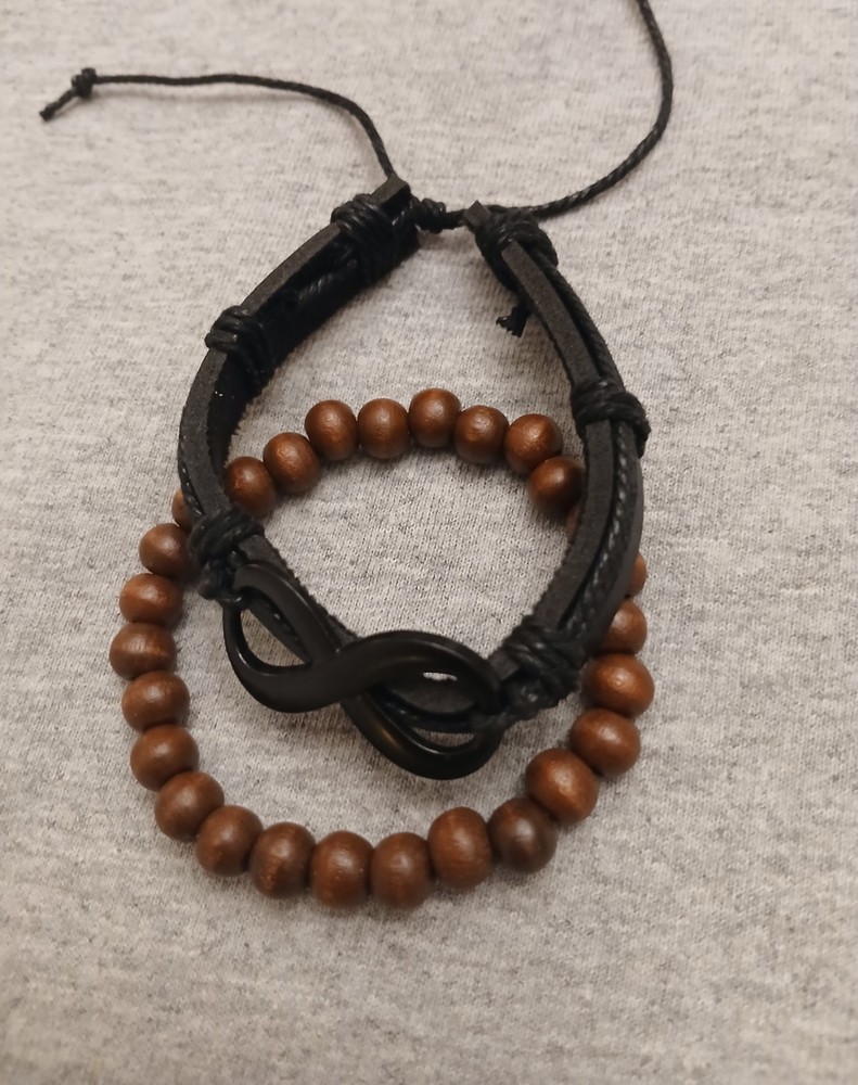 Wood Bead And Faux Leather Bracelet Set No004