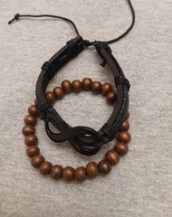 Wood Bead And Faux Leather Bracelet Set No004