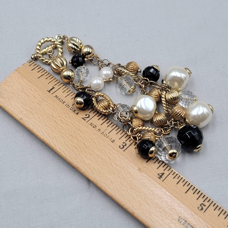 Cluster Bead Bracelet White Black Bead Embossed Gold tone 7" gallery