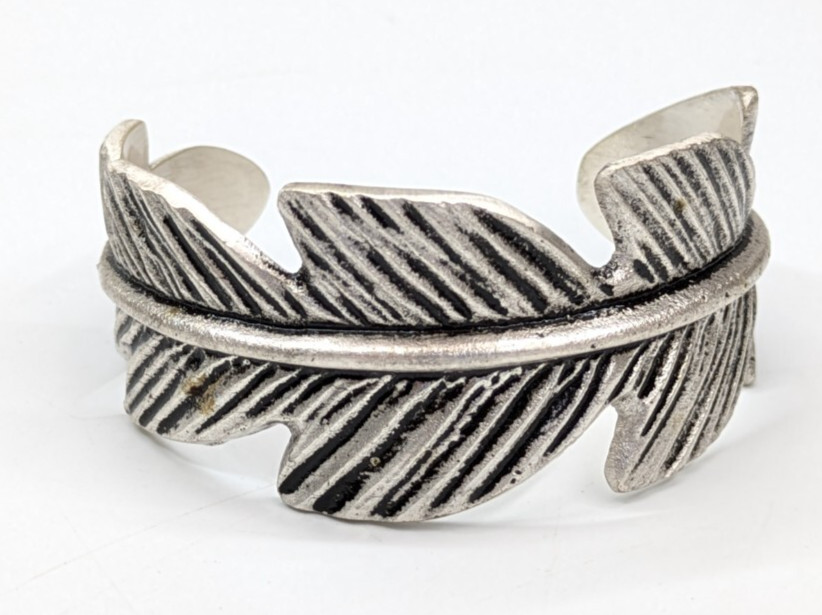 Rustic Cuff Textured Silver Tone Feather Boho 1 1/8" Wide Cuff Bracelet gallery