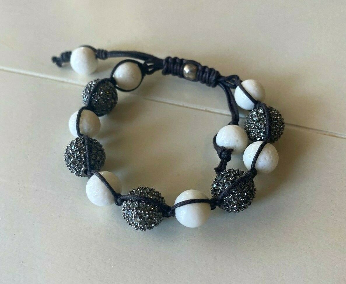 TAI White Bone Bead Pave Crystal Disco Ball Knotted Cord Bracelet gallery