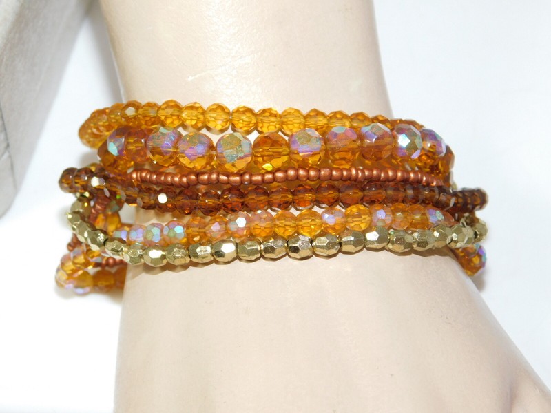 NWT Set 5 Faceted Golden Brown AB Crystal Gold Seed Beaded Stretch Bracelets K1 gallery