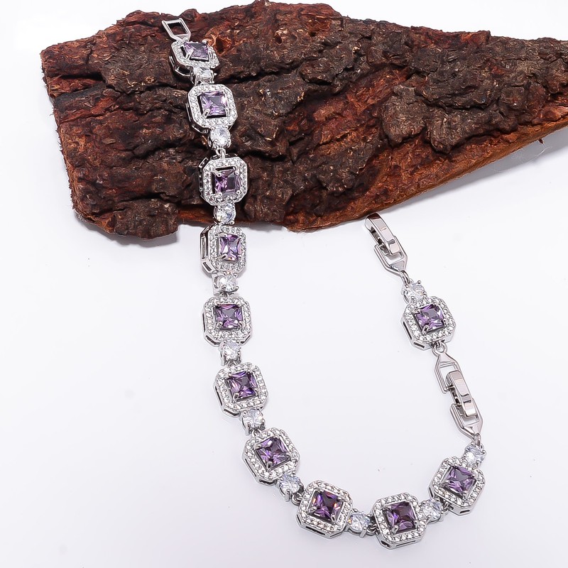 Purple Amethyst, CZ 925 Sterling Silver Adjustable Bracelet 7-8" B132928 gallery