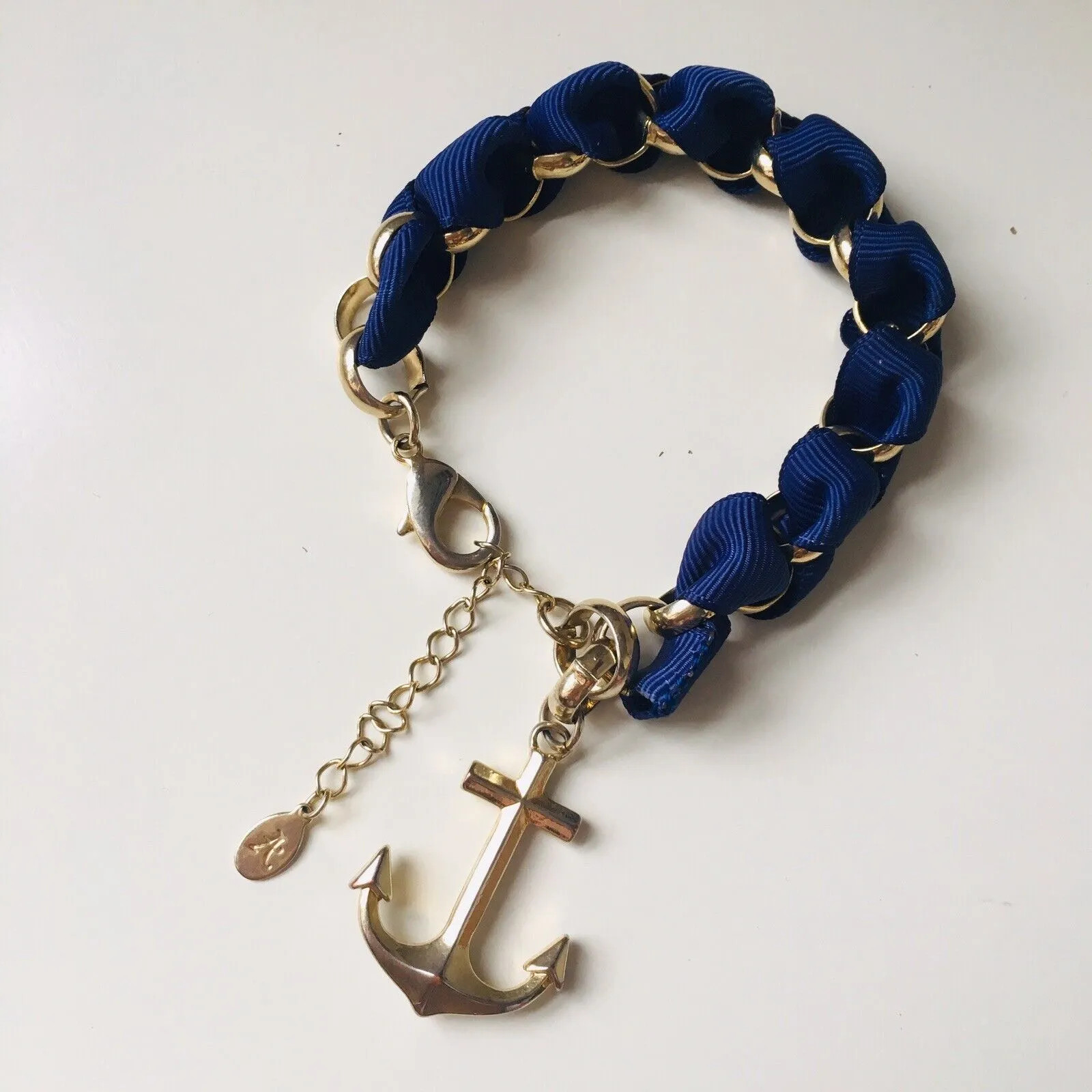 Accessorize Chunky Statement Bracelet Gold Tone Anchor Royal Blue Ribbon Cruise gallery
