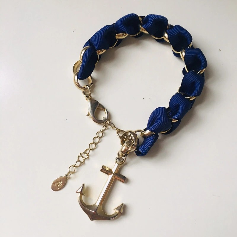 Accessorize Chunky Statement Bracelet Gold Tone Anchor Royal Blue Ribbon Cruise gallery