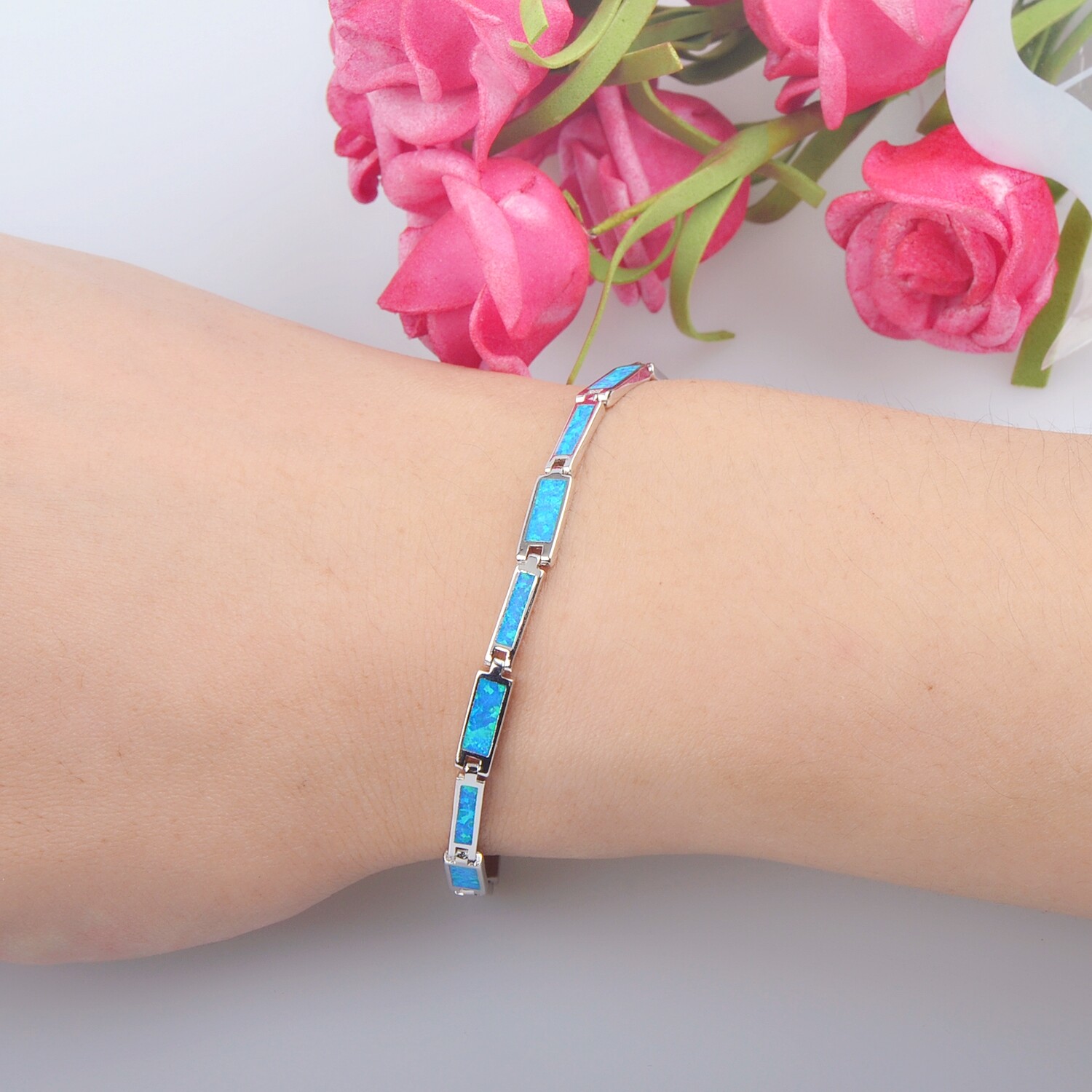 Hawaii Beach Blue Opal Multi Bar 925 Sterling Sliver Fire Opal Bracelet 18cm gallery