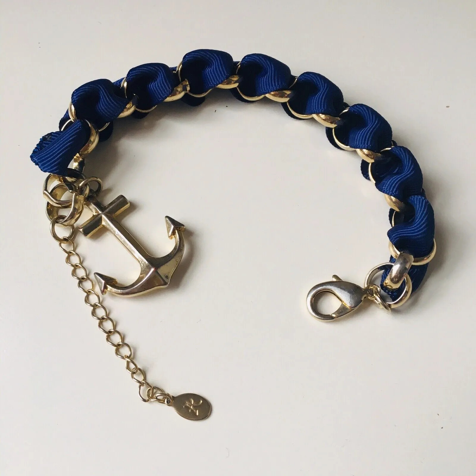 Accessorize Chunky Statement Bracelet Gold Tone Anchor Royal Blue Ribbon Cruise gallery