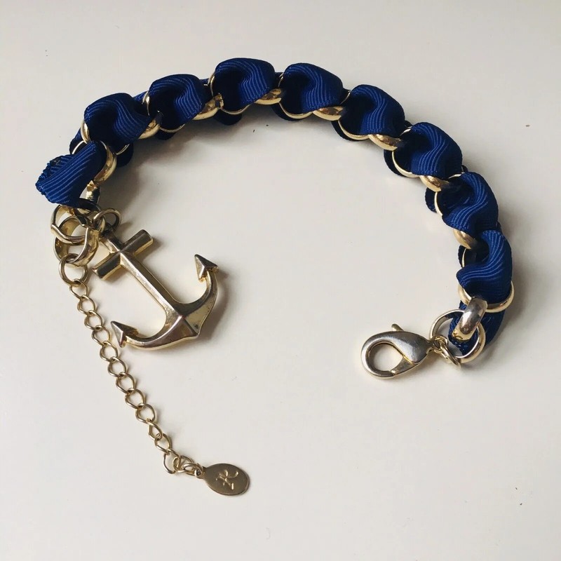 Accessorize Chunky Statement Bracelet Gold Tone Anchor Royal Blue Ribbon Cruise gallery