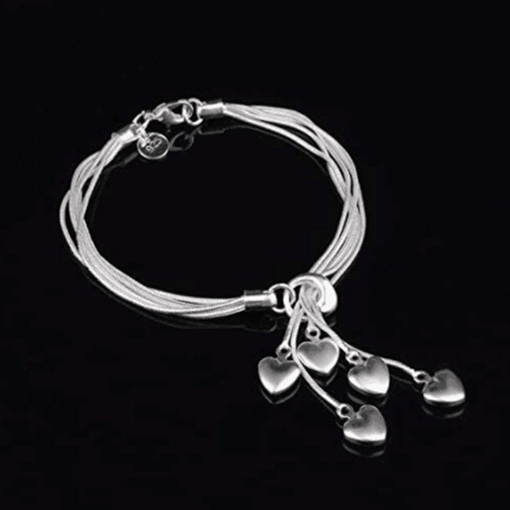 925 Sterling Silver Five-Line Chain with Five-Heart Bracelet Bangle for Women gallery