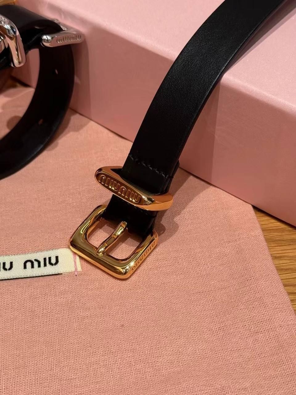 Miu Miu Black Leather Gold Tone Logo Buckle Bracelet Cuff Band gallery