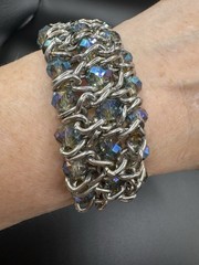Stretch Silver Toned Elastic Bracelet With Iridescent Crystal Sparkly Beading