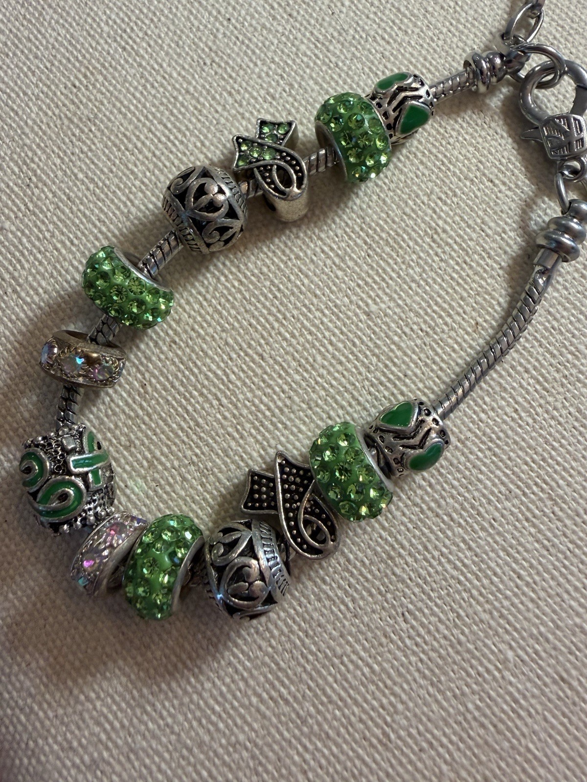 Silver Green Adjustable Beaded Charm Bracelet Snake Chain Metal Glass Round gallery
