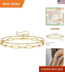 Dainty Gold Bracelets for Women, 14K Gold Plated Adjustable Layered Beads Bra…