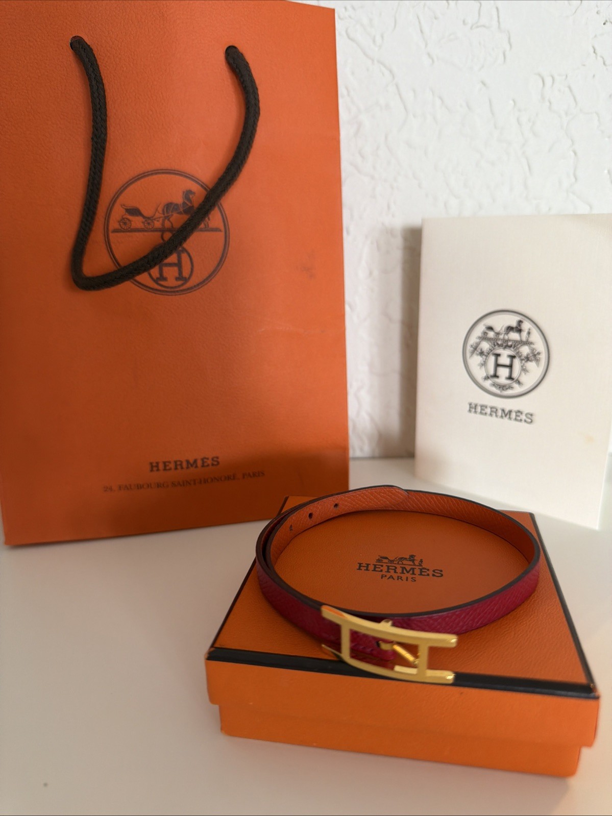 Authentic Hermes Bracelet Behapi Double Tour Reversible Red/Orange XS gallery