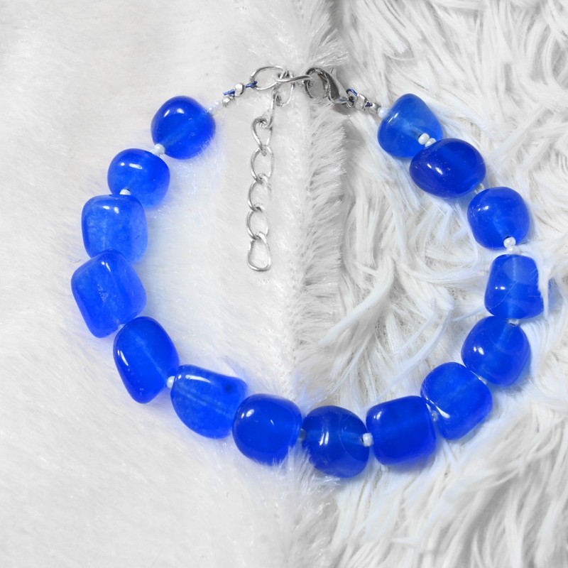 Blue Sapphire & Pearl Smooth Tumble Shape Gemstone Beads Handmade Bracelet 6-8'' gallery