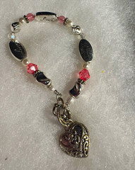 Signed Beaded Charm Bracelet Toggle Heart Dangle Pink Crystal Pearl Silver